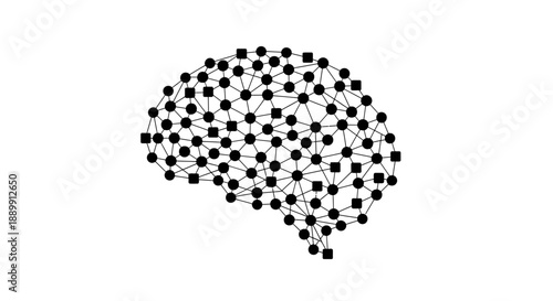 Brain network connections concept with black dots and lines on white background