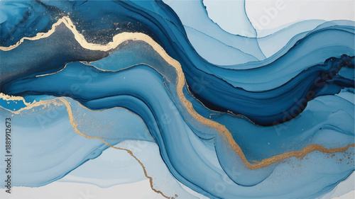 Elegant Abstract Background with Flowing Blue Alcohol Ink and Shimmering Golden Accents, Creating a Luxurious and Dynamic Wavy Pattern