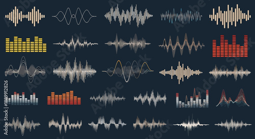 Visualizing sound, different wave forms representations in modern artistic designs, vector