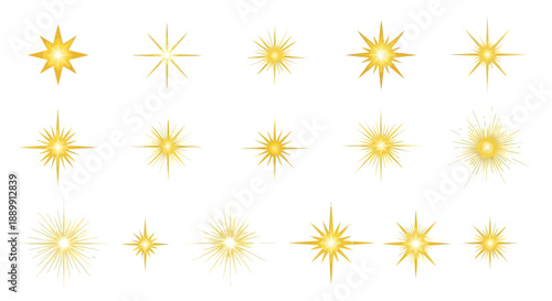 Collection of sparkling golden star shapes isolated on white background for festive decorations