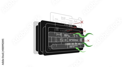 Black electronic device with green wires and red x's on a white background with technical diagrams