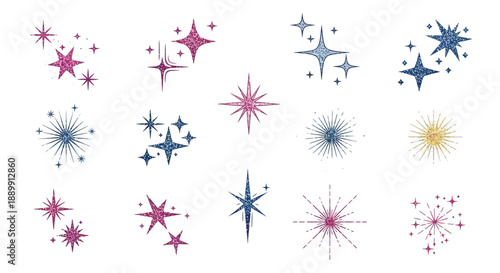 Assortment of decorative sparkling starbursts and star designs in vintage colors