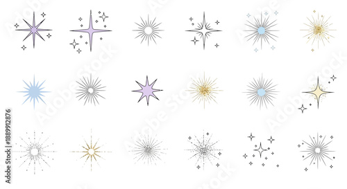 Collection of decorative starbursts and twinkle star design elements, perfect for overlays or