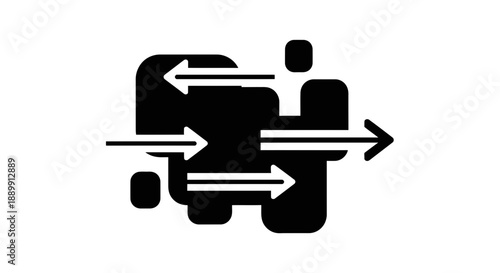 Black graphic design with arrows pointing in different directions on white background for business concepts