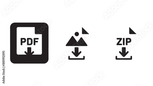 Download icons for PDF image file and ZIP archive in simple flat design with black color on white background for web interface