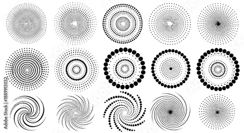 Collection of diverse circular patterns using dots and lines for creative visual design
