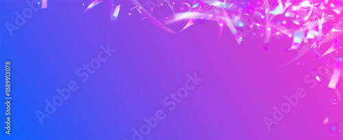 Hologram Confetti For Carnival. Rainbow Prism And Gift Flares On A Disco Background. Iridescent Overlay With Sunburst Rays And Neon Gradient. Blue And Purple Hologram Confetti