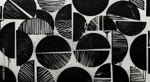 Monochrome abstract of linocut circle segments forming graphic pattern artwork