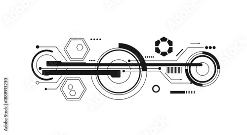 Futuristic circuit board design with hexagons and gears on white background for tech concepts