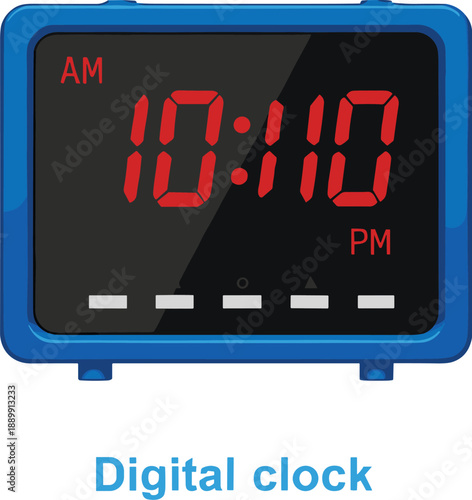 Modern blue digital alarm clock vector illustration with red LED display showing time and AM PM indicators for bedside or office desk.