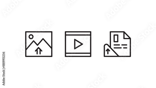 Simple Line Icons for Media Upload in Minimalist Design with Black Color on White Background for Web Application