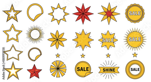 Assorted golden labels and stars for sale promotions and business enhancements on white canvas