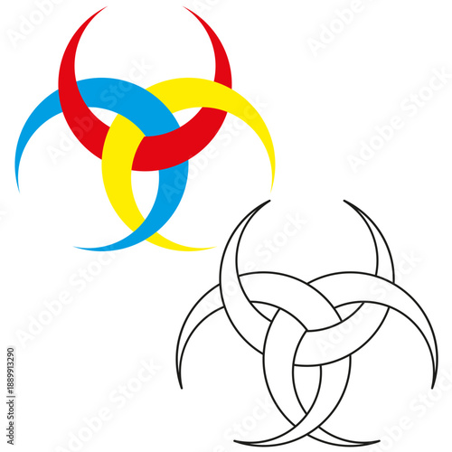 Sophisticated interlocked crescent Vector. Complex orbital shapes. Three 3 vibrant curves. Professional abstract symbol.