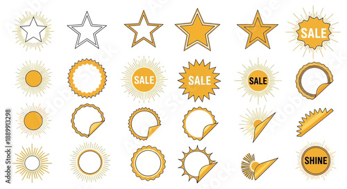 Collection of golden stickers and labels featuring sunshine elements for product branding