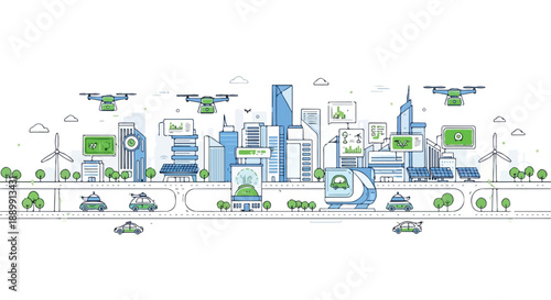 Thin line style Smart City panorama with drones, skyscrapers, and green technology concepts