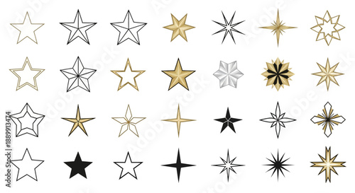 Assorted collection of star illustrations in various styles and golden shades presented on white