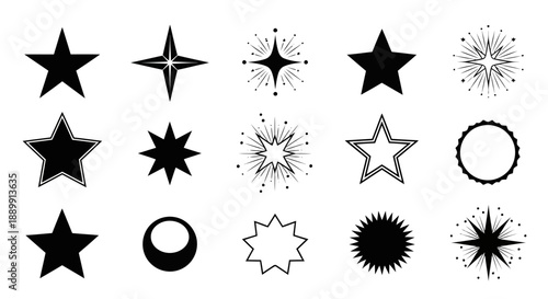 Assortment of varied starbursts and geometric shape icons, a celestial collection and lunar form