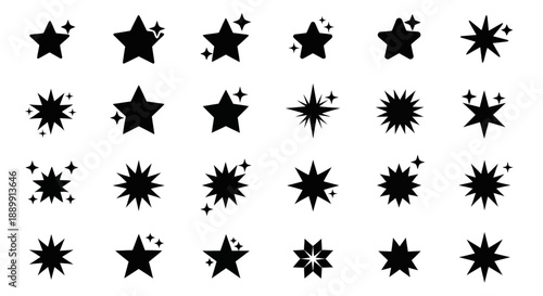 Varied collection of stylized star icons with glimmering effect for digital design projects