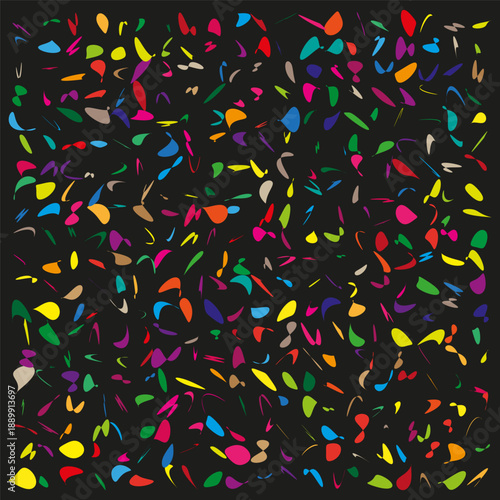 Colorful blobs pattern. Vibrant Vector spots. Scattered chaotic splashes. Professional dark background surface.