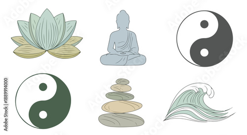 Vector Set of Wellness and Zen Symbols: Meditating Buddha, Lotus Flower, Yin Yang, Stacked Stones
