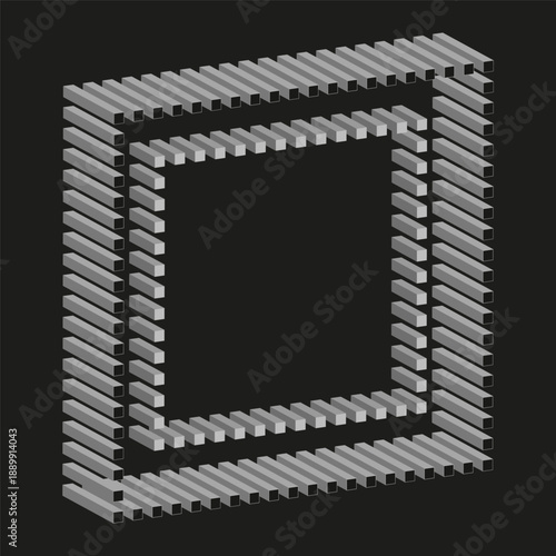 Nested square Vector. 3D frame structure. Grey geometry symbol. Professional black background.