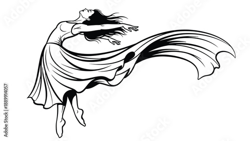 Elegant female dancer silhouette with long flowing fabric for professional theater stage performance and creative wellness industry business branding identity assets.