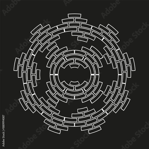 Brick wall ornament. Stone circle Vector. Abstract structure motif. Solid black background surface.