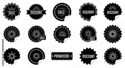 Black and white vector illustration showcasing diverse retro promotional stickers and badges