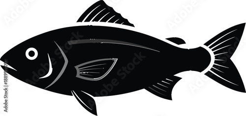Black Fish Silhouette Icon with Detailed Fin Textures and Minimalist Marine Life Design