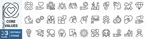 Core values web line icons. Integrity, Empathy and Strategy. Vision, Social Responsibility, Commitment, Environmentalism icons. Personal Growth, Innovation.
