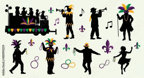 Mardi Gras Silhouettes Dancing and Playing Music on Colorful Float