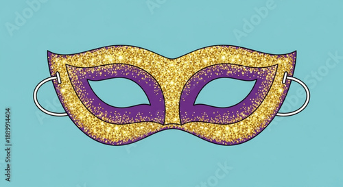 Golden Mardi Gras Mask with Purple Details on Blue Background