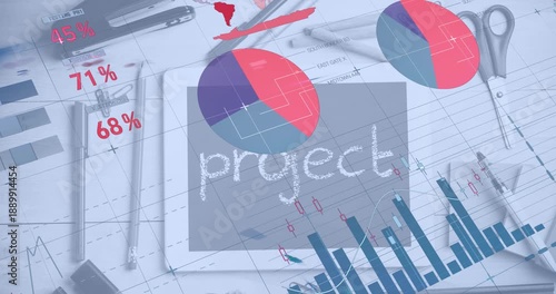 Animation of infographic interface over tablet screen with project text and stationery on table