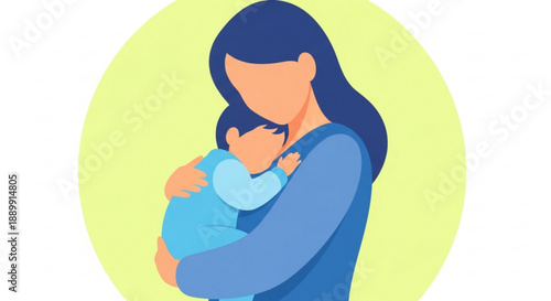 Mother Holding Baby Tenderly on Yellow Background