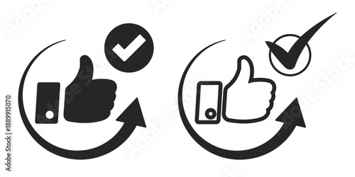 Flat vector illustrations featuring thumbs-up and hand gestures symbolizing positivity and approval. Includes a check mark within a circular arrow, representing satisfaction and quality feedback