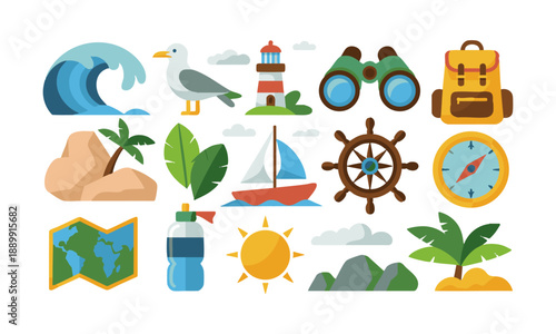 Adventure travel coastal icon pack vector illustration, easily editable. 
