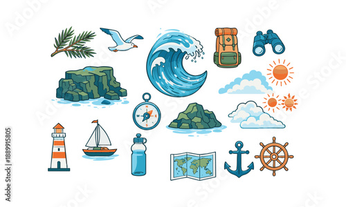 Travel and coastal adventure icon collection vector illustration, easily editable. 