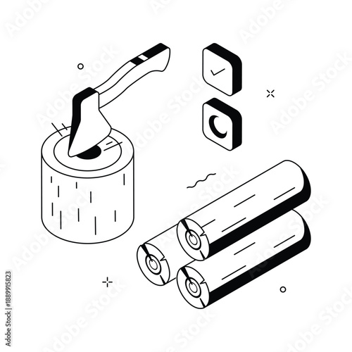An isometric illustration of wood cutting process ready for premium use