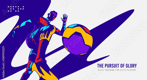 Dynamic soccer player action in flat vector style with geometric background elements. Modern sports conceptual art for athletic competition, football tournament, and professional fitness branding.