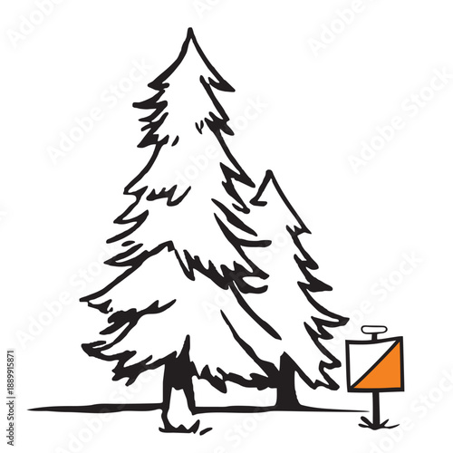 Minimalist line illustration of orienteering control point in forest