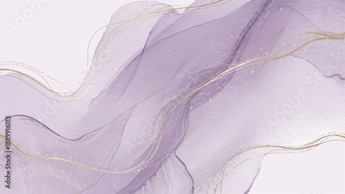 Elegant purple and gold abstract alcohol ink painting with flowing waves and subtle glitter texture, creating a modern ethereal background