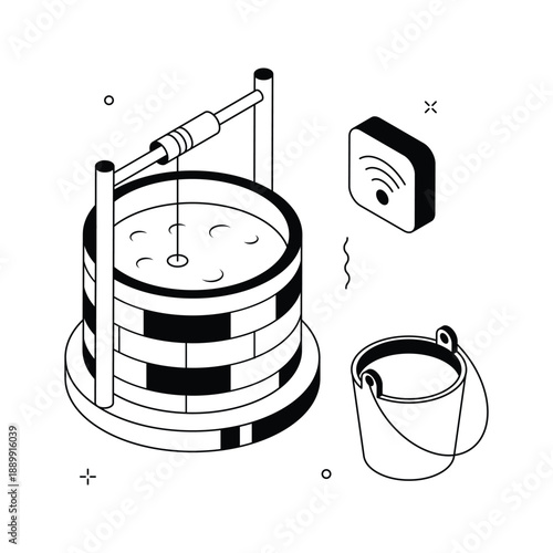 Modern isometric illustration presenting agricultural water well system