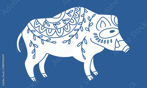 White wild boar in ethnic ornaments on a blue background. Scandinavian-style illustration for Christmas greeting cards, textile prints, seasonal posters, or folklore graphics.