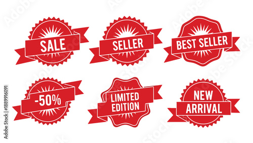 Red promotional sale badges and stickers isolated on white.