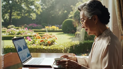 Wallpaper Mural Senior Woman Enjoying Tea While Working - A senior Asian woman sits by a window, enjoying a cup of tea while working on a laptop displaying data graphs. Torontodigital.ca