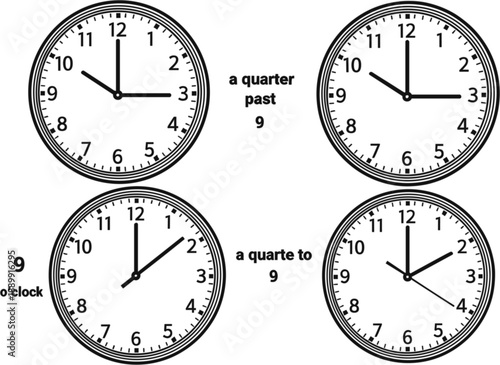 Collection of analog clock faces showing specific time intervals with descriptive English text for educational and scheduling vector illustration
