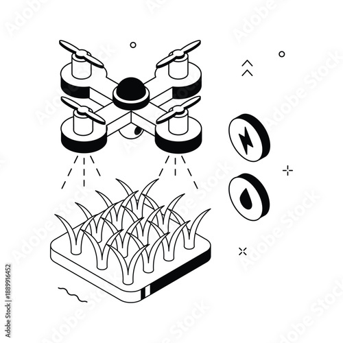A modern isometric illustration showing agriculture drone monitoring farmland