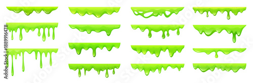 Slimy green goo and bright ooze drip or vector clip art set with gloss. Wet gloop and thick blob with pop art for game or toon badge. Bold sludge splash and gross stain frame with glow and slick edge.