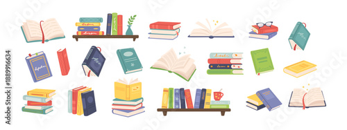 Books, cute open school textbook. Flat colorful notebook stack, pile 2d set. Cartoon bookstore and library, literature and dictionary, education and reading concept. Paper book vector isolated set