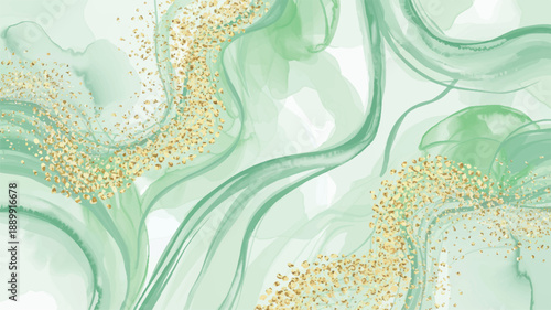 Elegant abstract background of swirling green watercolor textures with shimmering gold glitter accents, perfect for luxurious designs and sophisticated themes